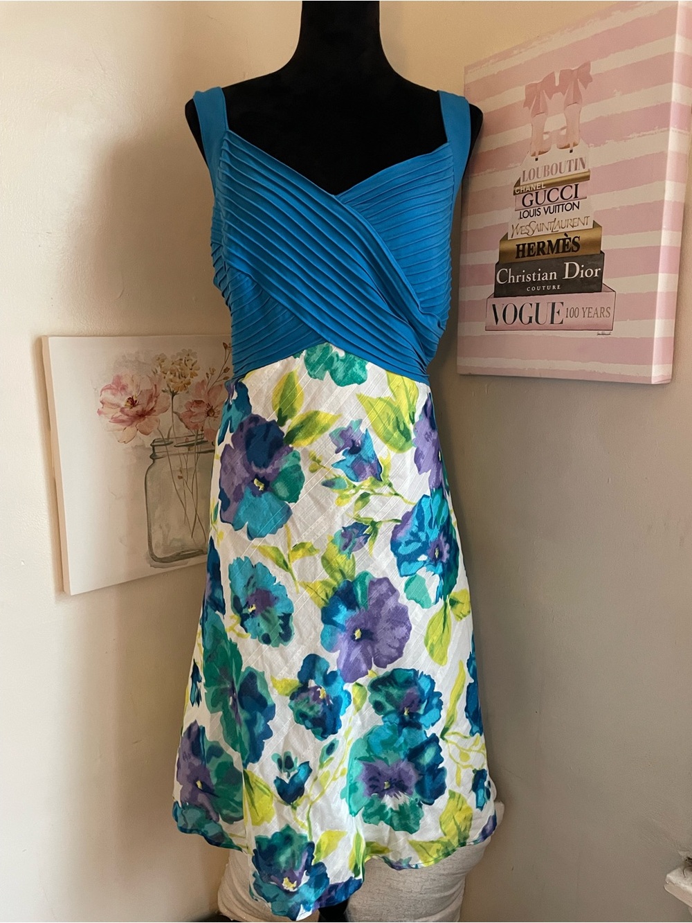 Signature by Robbie Bee Blue Floral Midi Dress with Teal Bodice